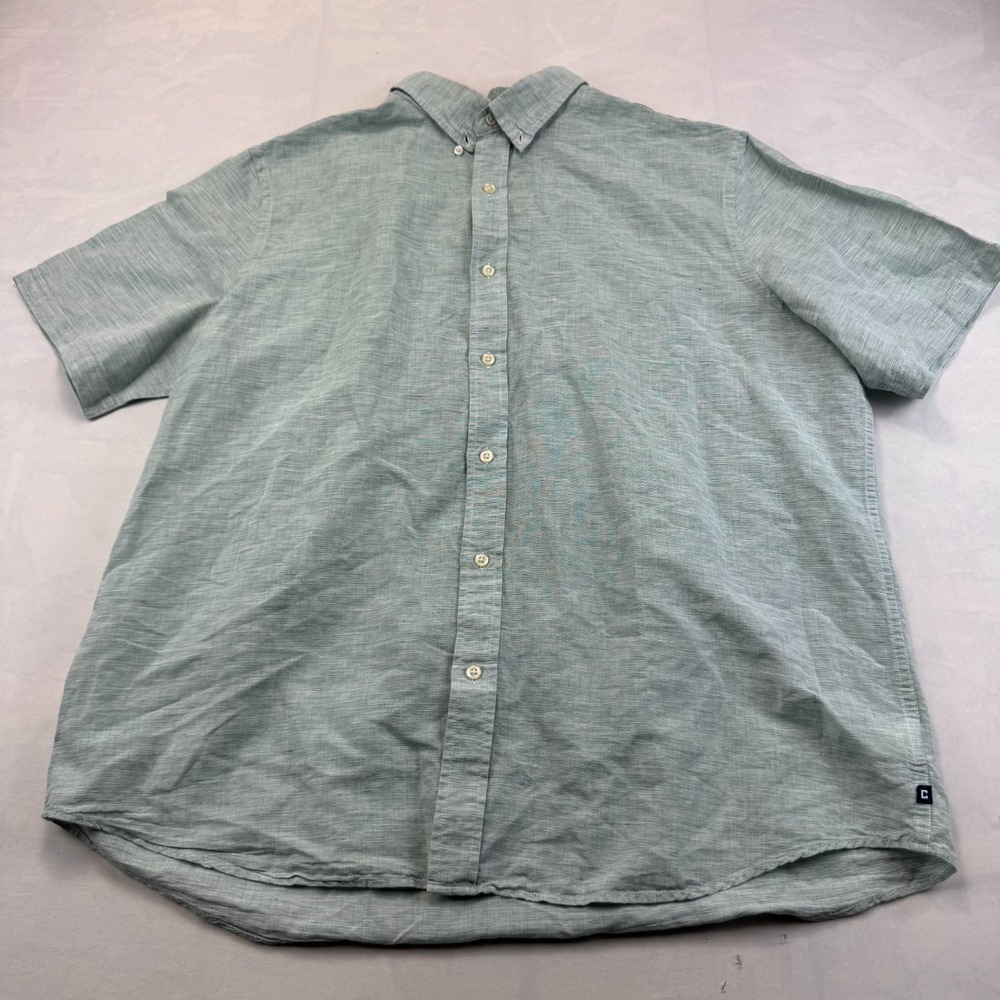 Chaps Shirt Mens XXL Green Textured Linen Cotton Blend Short Sleeve Button Down